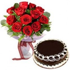 Red Roses with 1/2 Kg Chocolate Cake